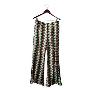 Nasty Gal Women's Zig Zag Satin Flare Retro Pants Green Black White Lined Sz 8
